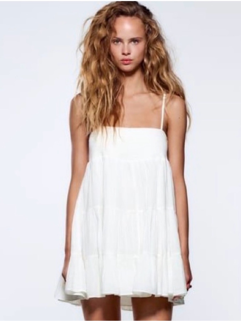 Zara White Spaghetti-Strap Tiered Mini Dress